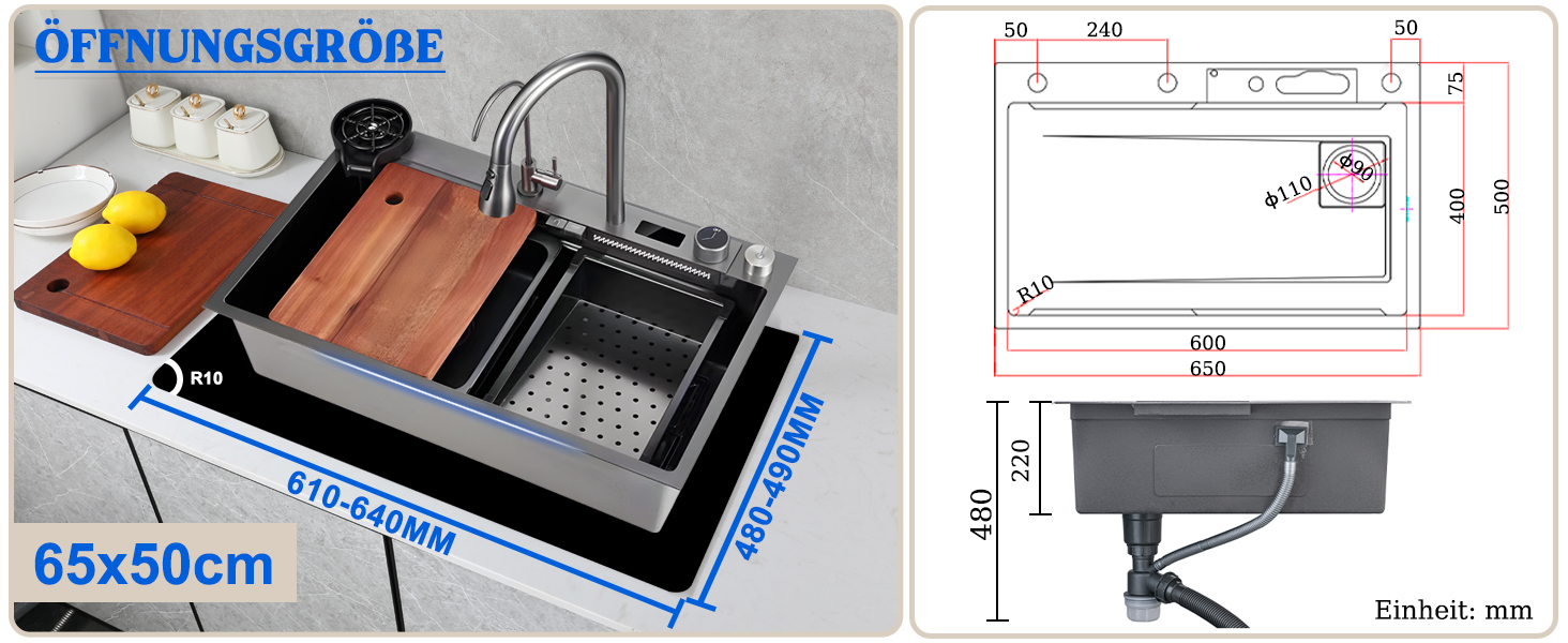 Der Text lautet „ÖFFNUNGSGRÖSSE“ und „65x50cm“. Technische Zeichnungen und Maße mit Maßangaben und Installationsdetails für ein Bauelement.