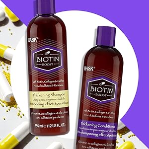 hask, biotin, oil, shampoo, conditioner, healthy, antisplizz, volume, hair breakage, tips, straw, supple