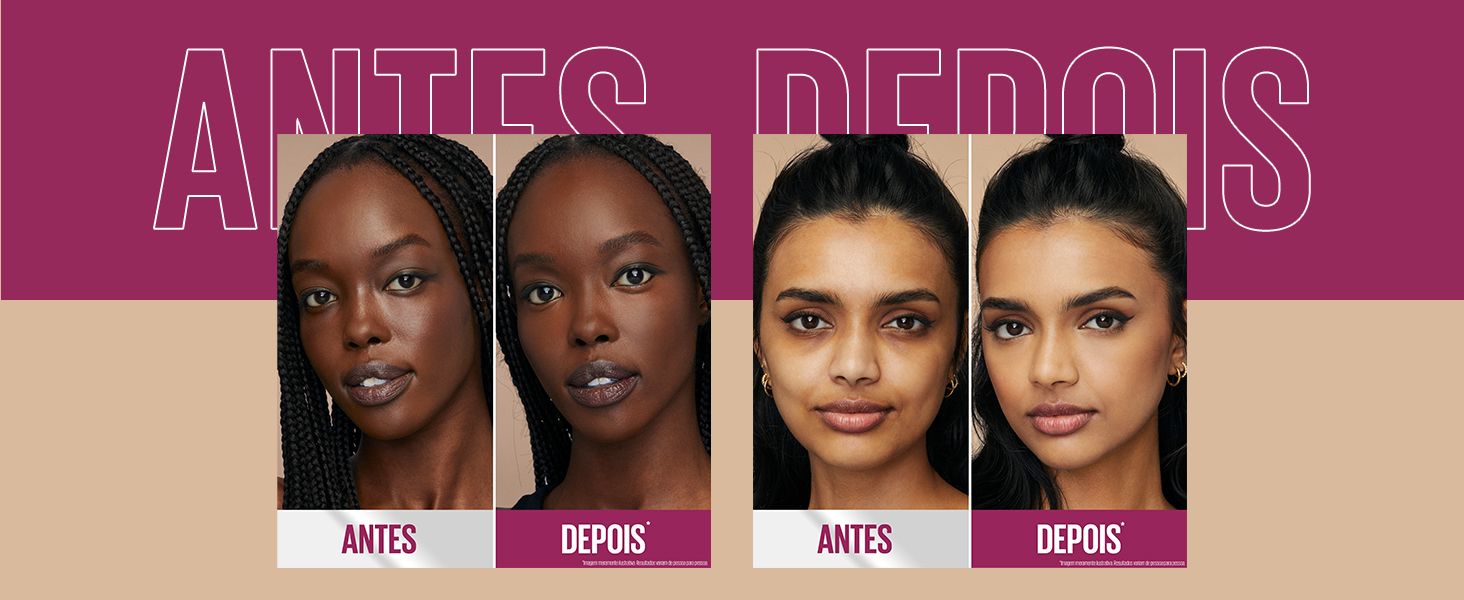Fotos de uma mulher negra e uma mulher latina antes e depois do uso do Corretivo Instant Age Rewind
