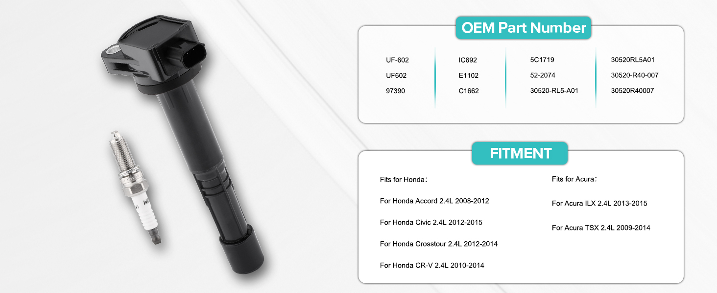  Set of 4 UF602 Ignition Coil Pack & 97390 Spark Plugs (2.4L L4 Only) For Honda 