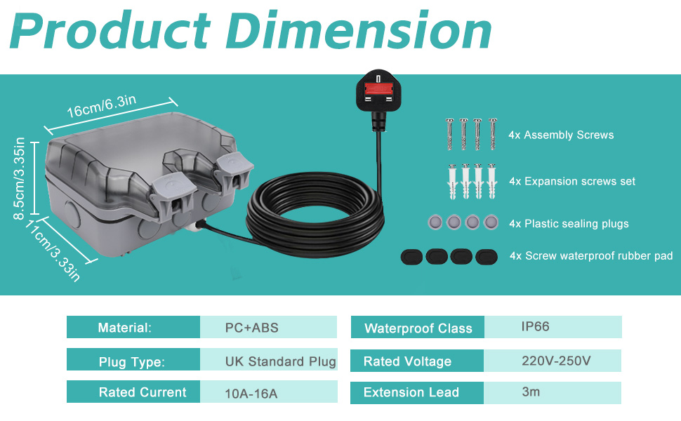 Outdoor Socket Waterproof 3M Extension Lead,Double Socket with 3M