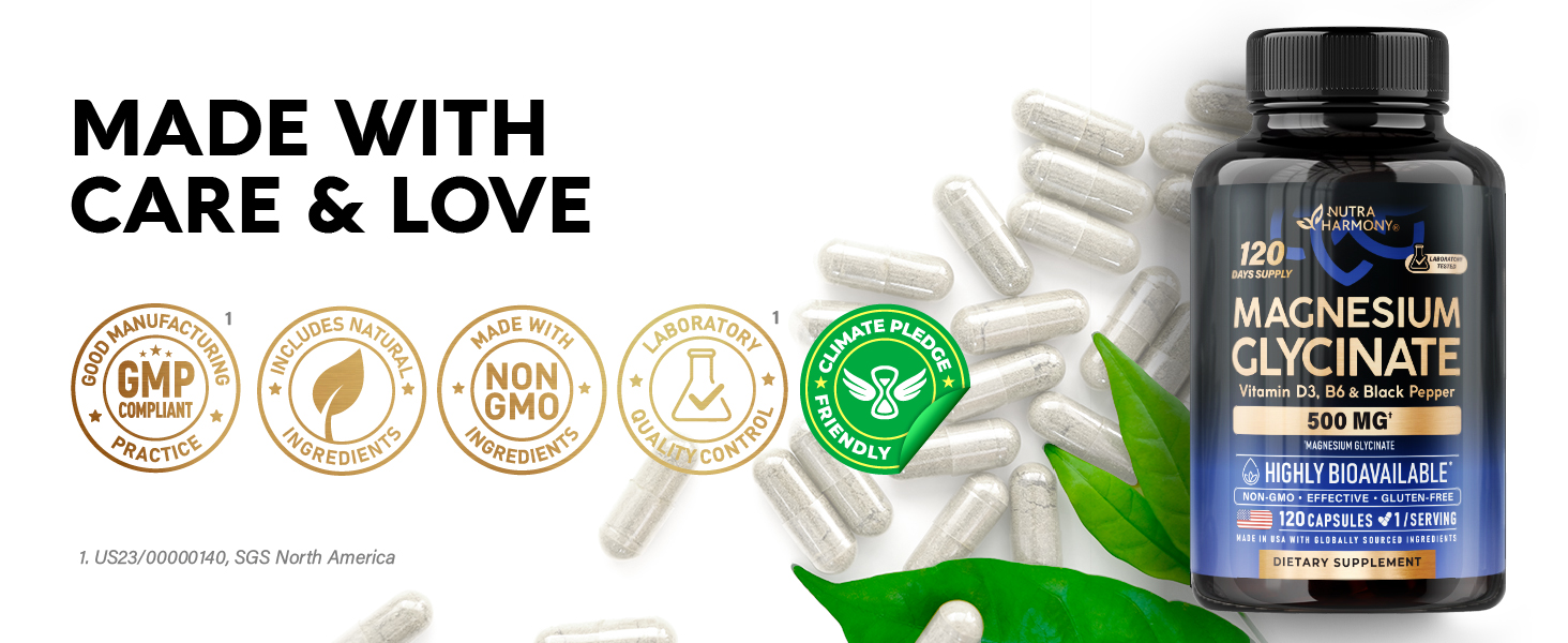 Product image for NUTRAHARMONY Magnesium Glycinate 500 mg chelated supplement, featuring the bottle with white capsules spilling out onto green leaves under the headline 