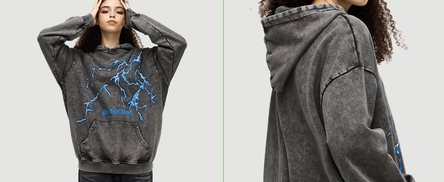 Aelfric Eden Acid Wash Lightning Graphic Hoodies