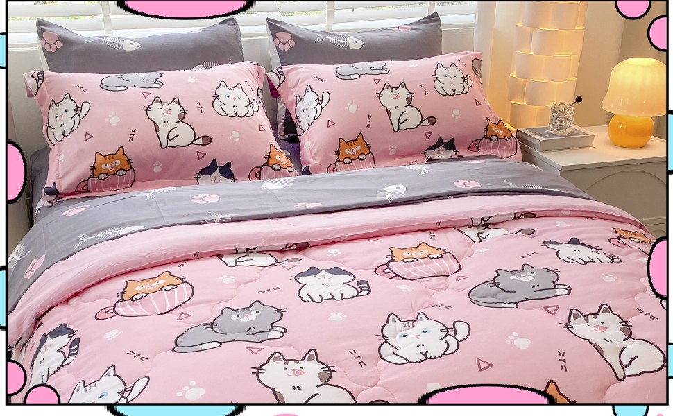 Gusuhome 7 Piece Girls Cat Comforter Set Full Size Bed in A Bag Pink Cute Cartoon