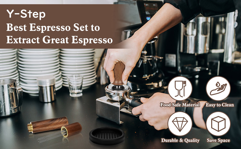 Y-Step Calibrated Coffee Tamper with Spring Loaded Wooden Handle Stainless Steel Flat Base