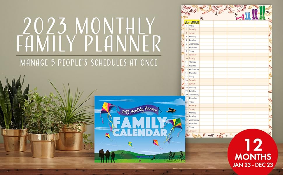Family Calendar 2023, monthly planner with 5 columns. Useful as a 2023