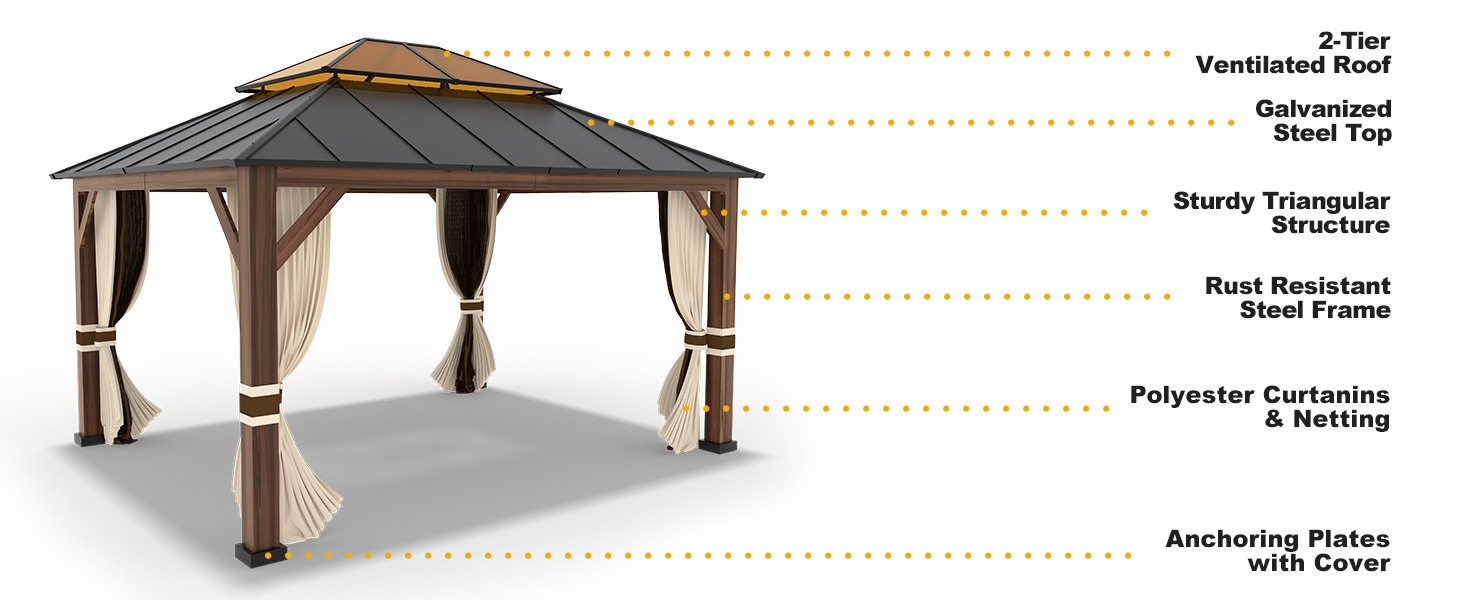 OLILAWN Gazebo 12x14, Hardtop Gazebo with Wood Finish