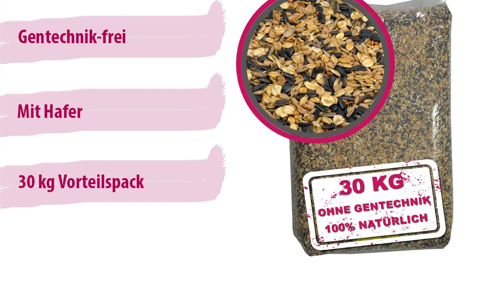 30-kg-Sack gentechnikfreies Tierfutter mit Hafer. Das Paket zeigt gemischte Körner und Samen. Der Text weist darauf hin, dass es gentechnikfrei und 100 % natürlich ist.