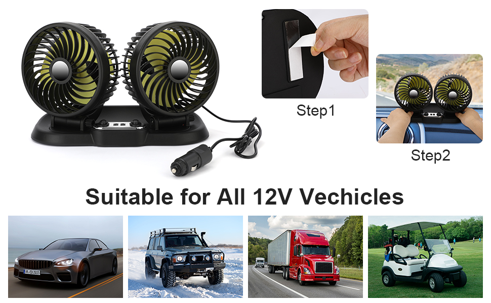 12V Electric Car Fan Car Cooling Fan 360 ° Rotatable Dual Head Automobile Fans 2 Speed