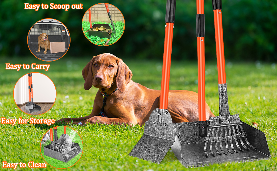 Dog Pooper Scooper, Adjustable Long Handle Metal Tray