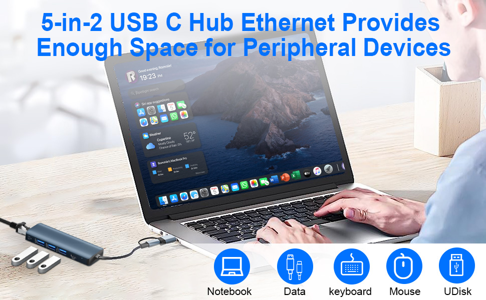 5 en 2 conectado a un portátil, con texto superpuesto que describe sus funciones. Muestra varios puertos para