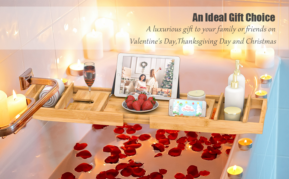 Domax Bathtub Caddy Tray Expandable Bamboo Tub Tray for