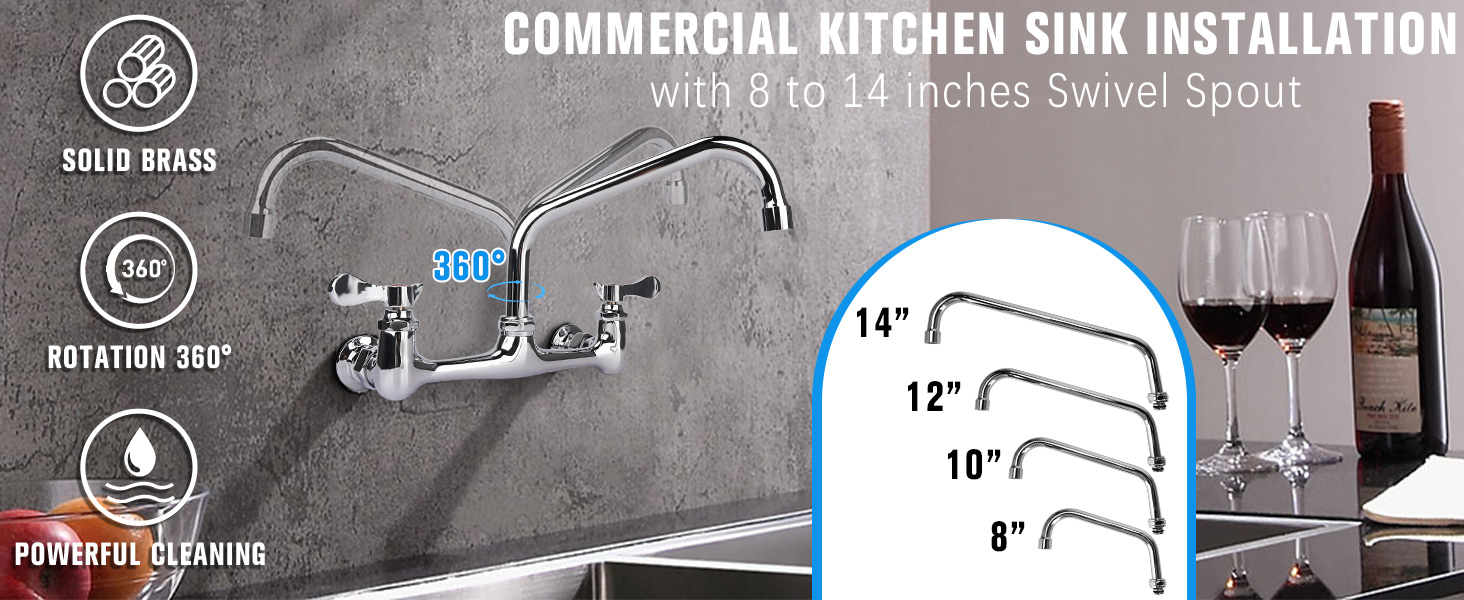 CommercialWal Mount Faucet with 8 to 14 inches Swivel Spout