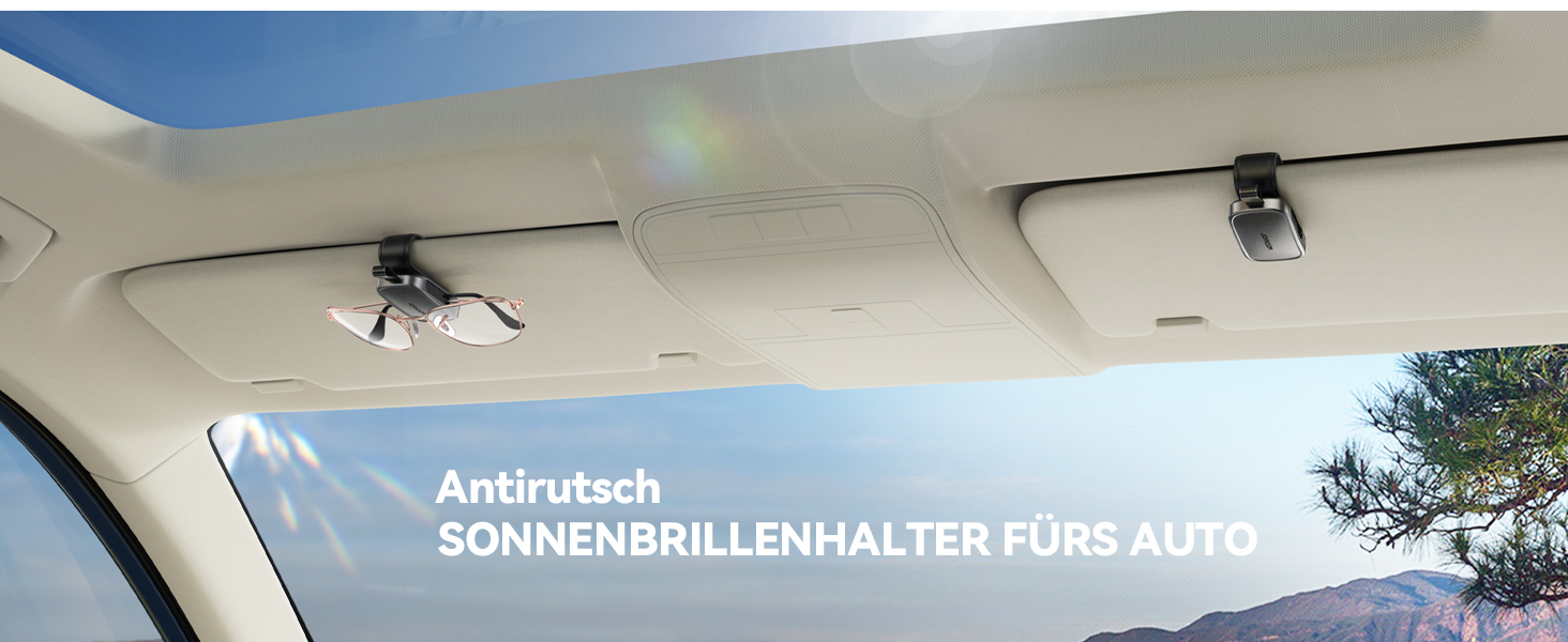 Der Text lautet „Aufrollbare SONNENBLENDHALTER FÜRS AUTO“. Innenansicht des Autos mit an der Decke montiertem Sonnenschutz oder Visier.