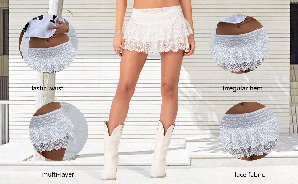 Acrawnni Women's Floral Lace Mini Skirt Y2k Low Rise Layered Ruffled Hem Pleated A Line Short Skirt Fairycore Skirt Streetwear 15 Women Floral Lace Mini Skirt