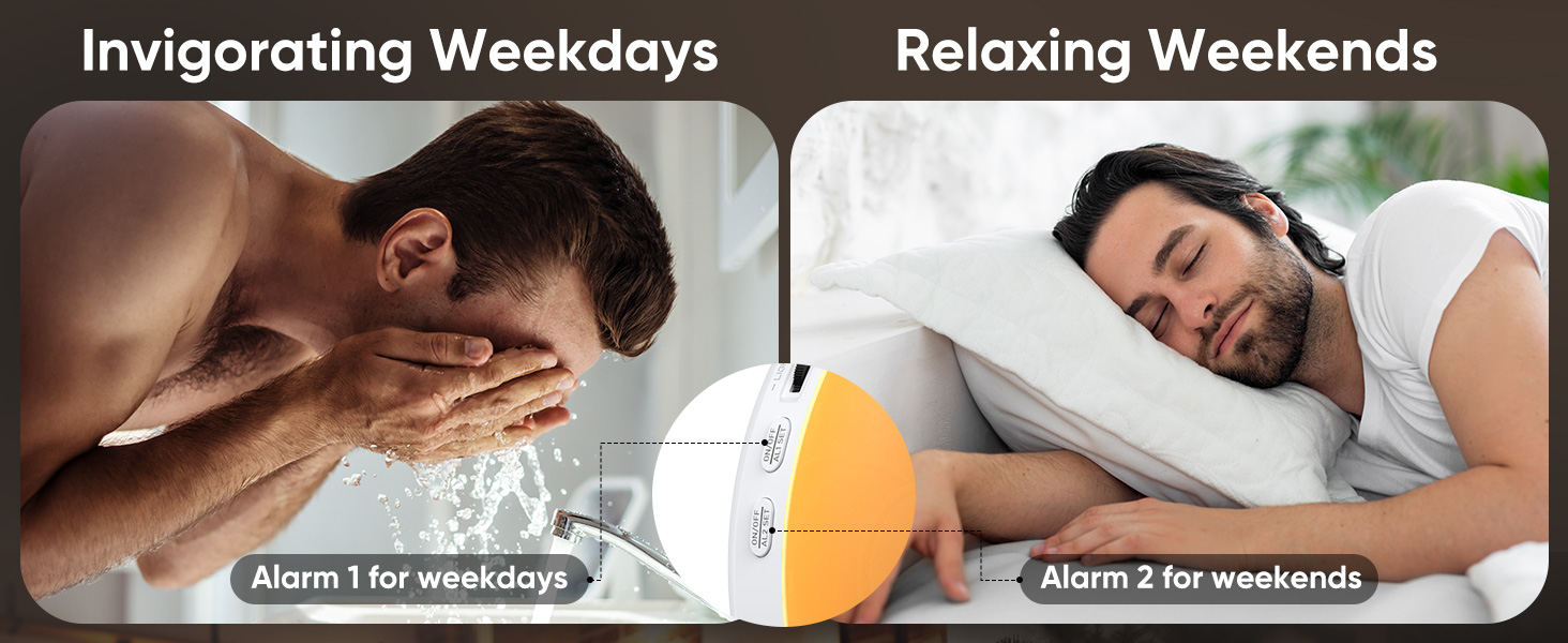 Split image comparing weekday and weekend activities. Left shows a person receiving a massage, right shows someone sleeping peacefully in bed.