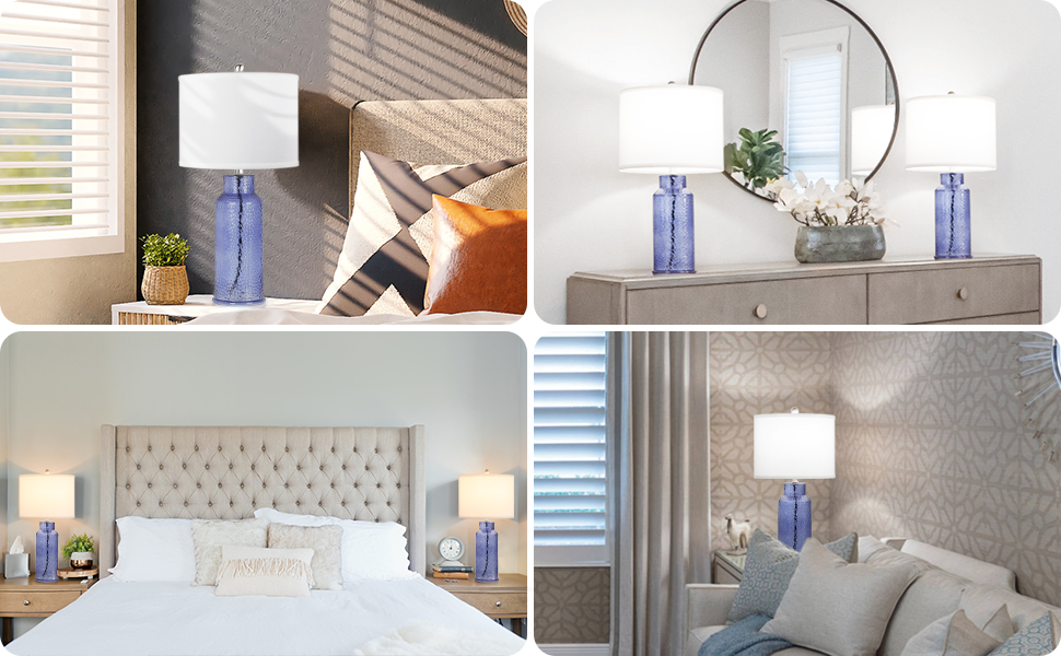 TOBUSA Blue Glass Table Lamps for Bedroom Set Of 2, Modern Bedside
