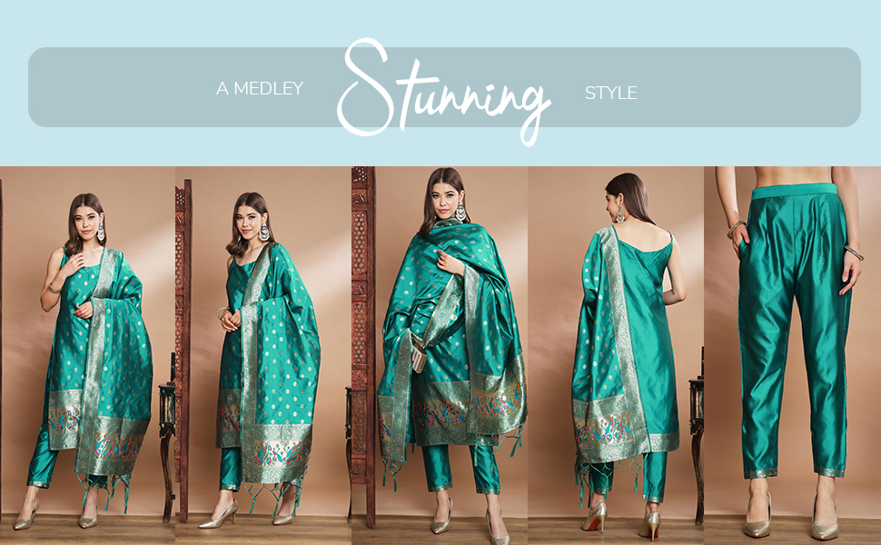 VredeVogel Women's Cotton Self Design Banarasi Sleeveless Straight Kurta