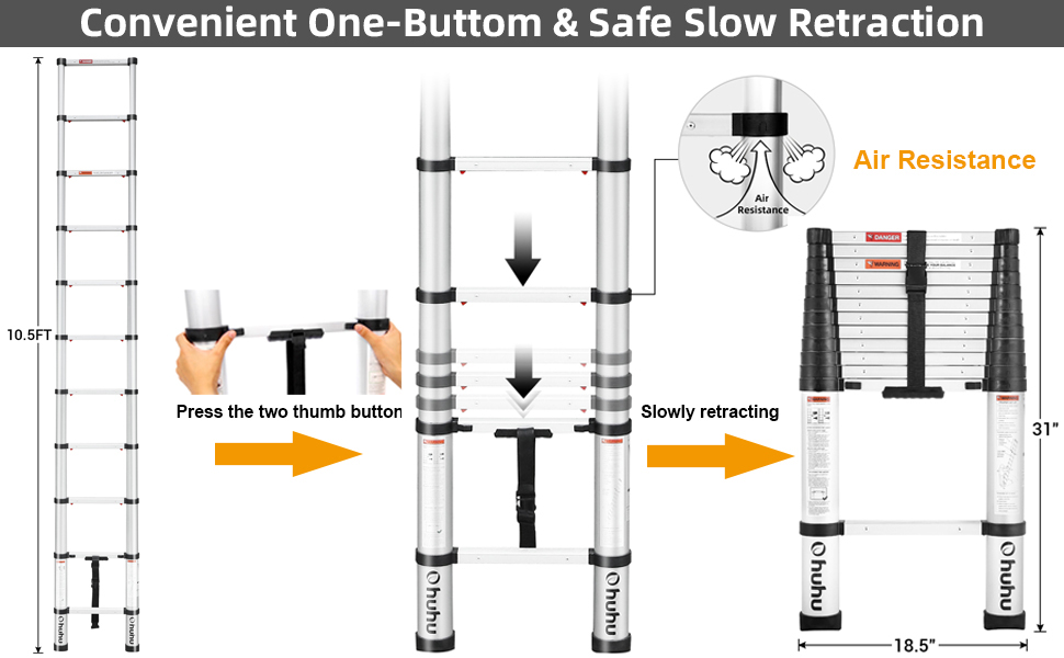 Ohuhu 10.5 FT Aluminum Telescoping Ladder, ANSI Certified OneButton