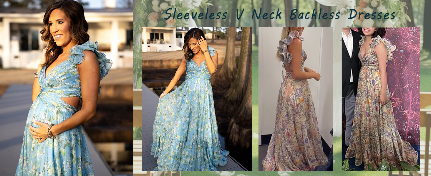 Ruffle Floral Prom Dresses Chiffon Tiered Bridesmaid Dress with V Neck