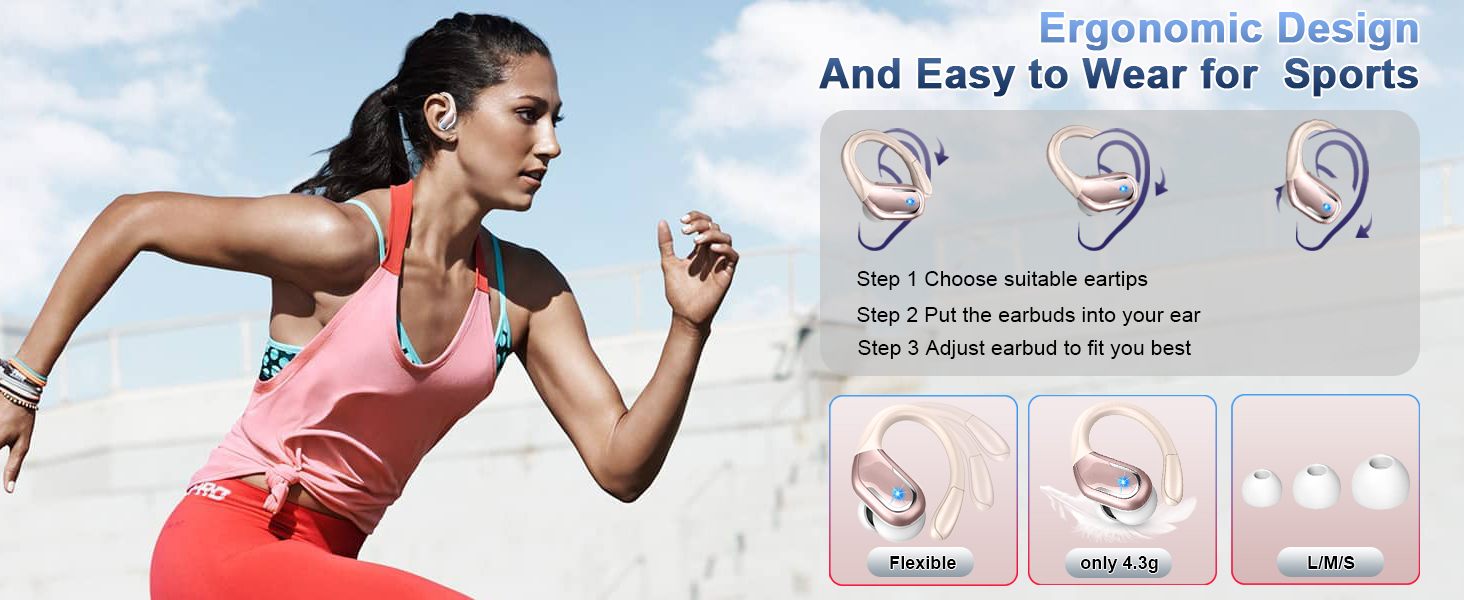 Wireless earbuds with ergonomic design for sports. Diagram shows easy three-step wear process. Woman running demonstrates active use.