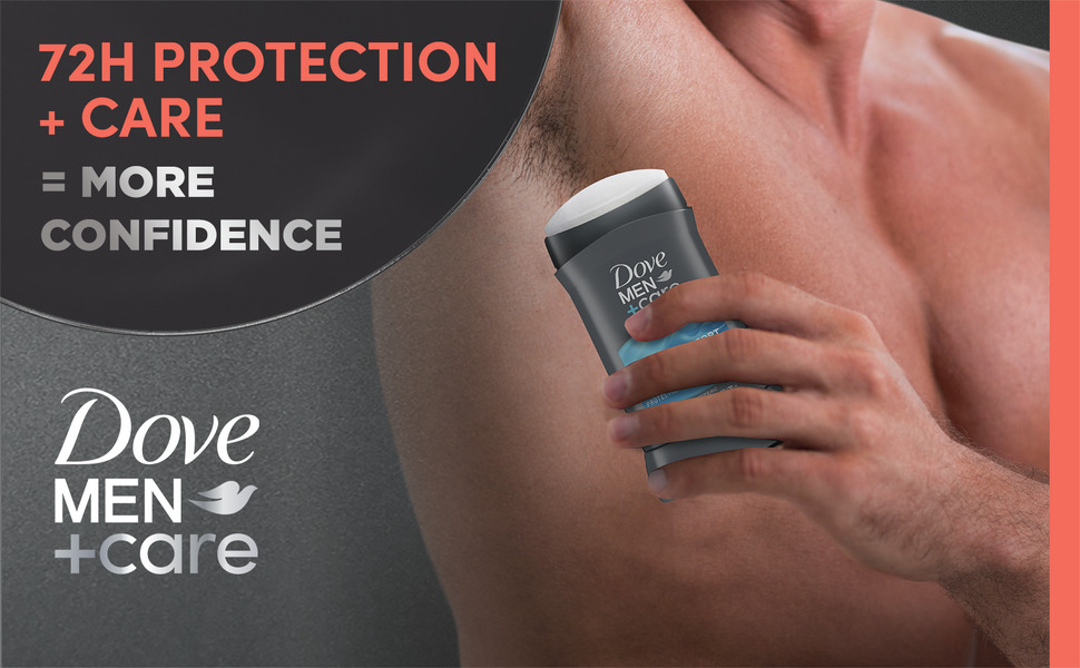 There's a Dove Men+Care logo. The title reads: 72H PROTECTION + CARE = MORE CONFIDENCE
