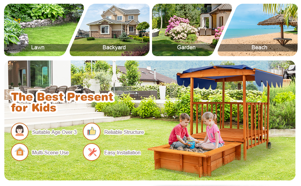 HONEY JOY 3 in 1 Kids Sandbox with Canopy, Wooden Cedar Bottomless Sand