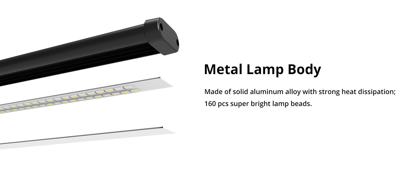 Three elongated metal lamp bodies in different finishes. Text indicates solid aluminum alloy construction with 160 super bright lamp beads for strong heat dissipation.