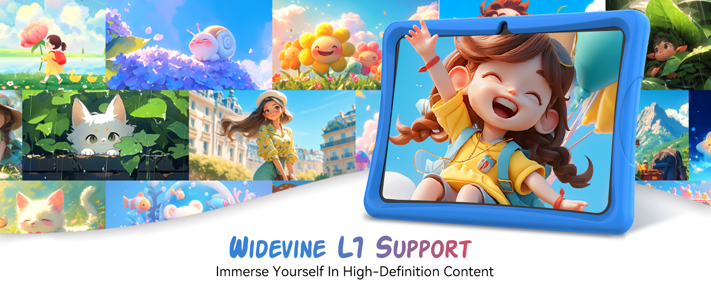 Text reads 'WIDEWING L1 SUPPORT'. Colorful gaming interface with animated characters and landscapes in vibrant cartoon style.