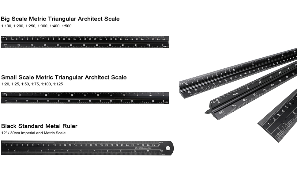 OwnMy 30CM Solid Aluminum Metric Triangular Architect Scale Ruler Set, Architectural and