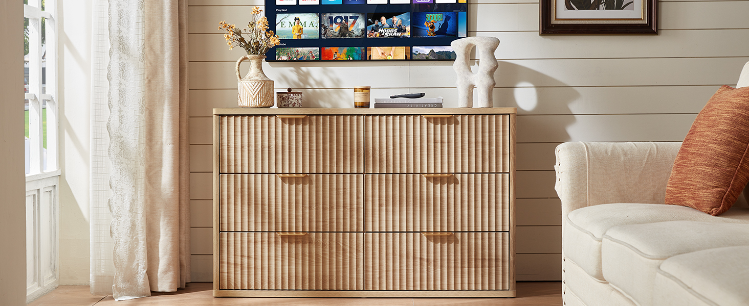 LEYAOYAO Fluted 6 Drawers Dresser for Bedroom, 48&#34; Wide Modern Chest of Drawers with Metal Handle