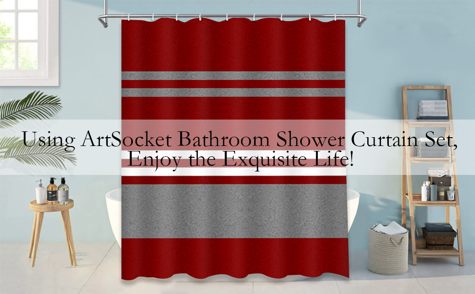 ArtSocket Red Bathroom Sets with Shower Curtain and Rugs and Accessories, Burgundy