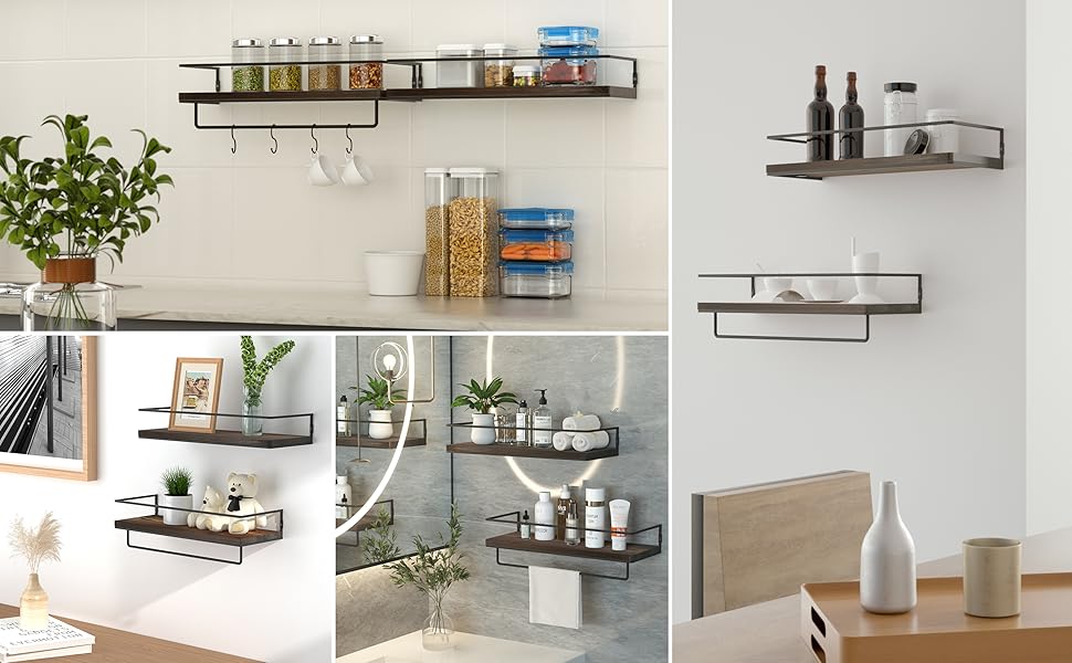 ZGO Floating Shelves for Wall Set of 2, Wall Mounted Storage Shelves with Metal Frame and Towel