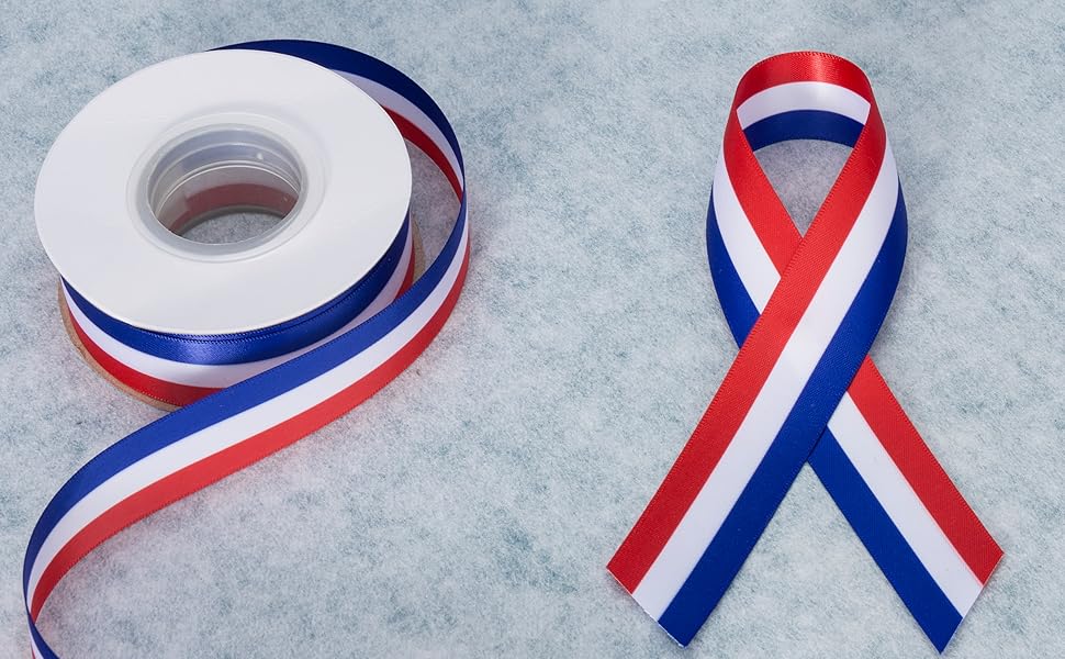 YASEO Red, White, and Blue Striped DoubleFace Satin Ribbon