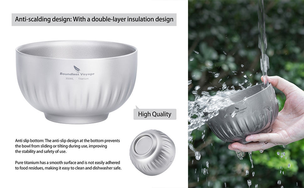 iBasingo 500ml Titanium Bowl Double Walled Oatmeal Food Rice Soup Bowl Outdoor Camping Metal Bowl