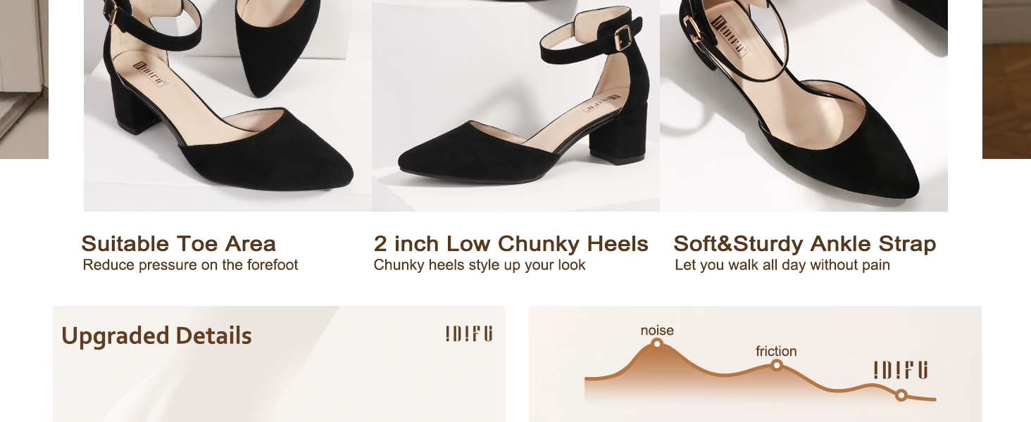 IDIFU black pumps for women low chunky heels