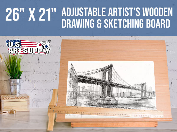 U.S. Art Supply 26x21 adjustable wood drawing board with 6 angles, pencil ledge, T-square, beechwood