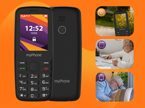Basic mobile phone with 12:52 displayed on screen, shown in black casing with keypad. Side panels show lifestyle usage images on orange background.