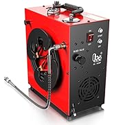 Red and black portable hydrogen gas generator with control panel, hose, and clamps. Features on/off switch, start button, and bleed valve control.