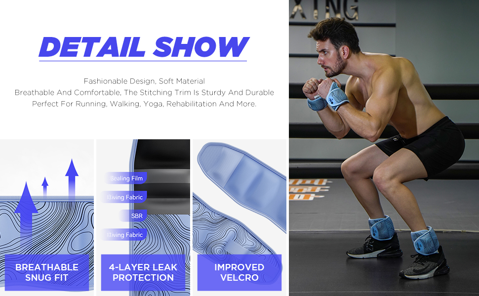 detail show: breathable material snug fit, 4 layer leak protection, improved velcro