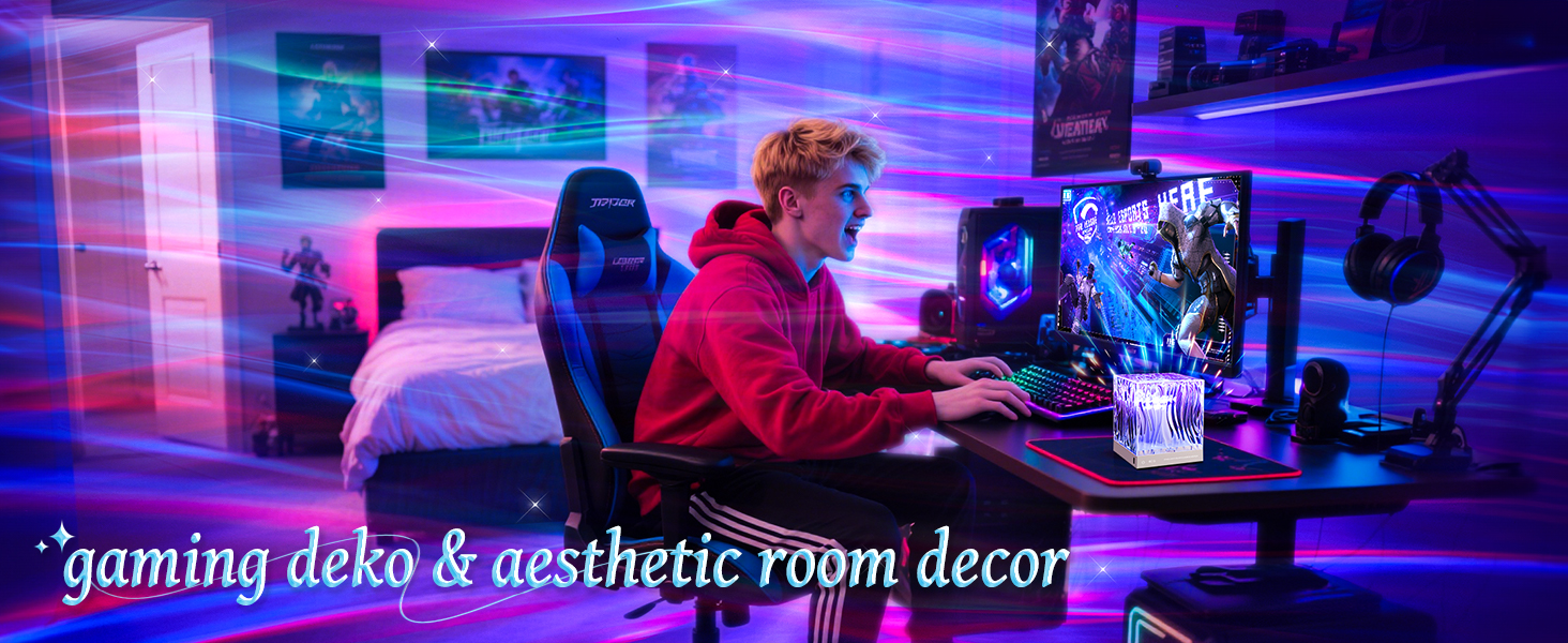 Text reads 'gaming deko & aesthetic room decor'. Room interior with purple and blue LED lighting showing gaming setup with multiple monitors and RGB lighting effects.