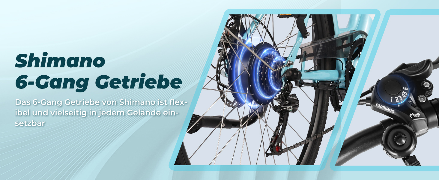 Die Komponenten des Shimano 6-Gang-Getriebes werden in detaillierter Nahaufnahme gezeigt, mit blauer Metallnabe und mechanischen