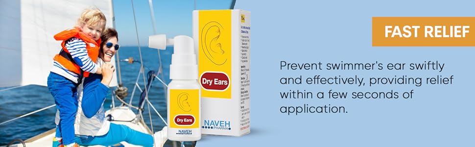 A swimmer in the water with Dry Ears product on foreground. Text reads: Easy to Use