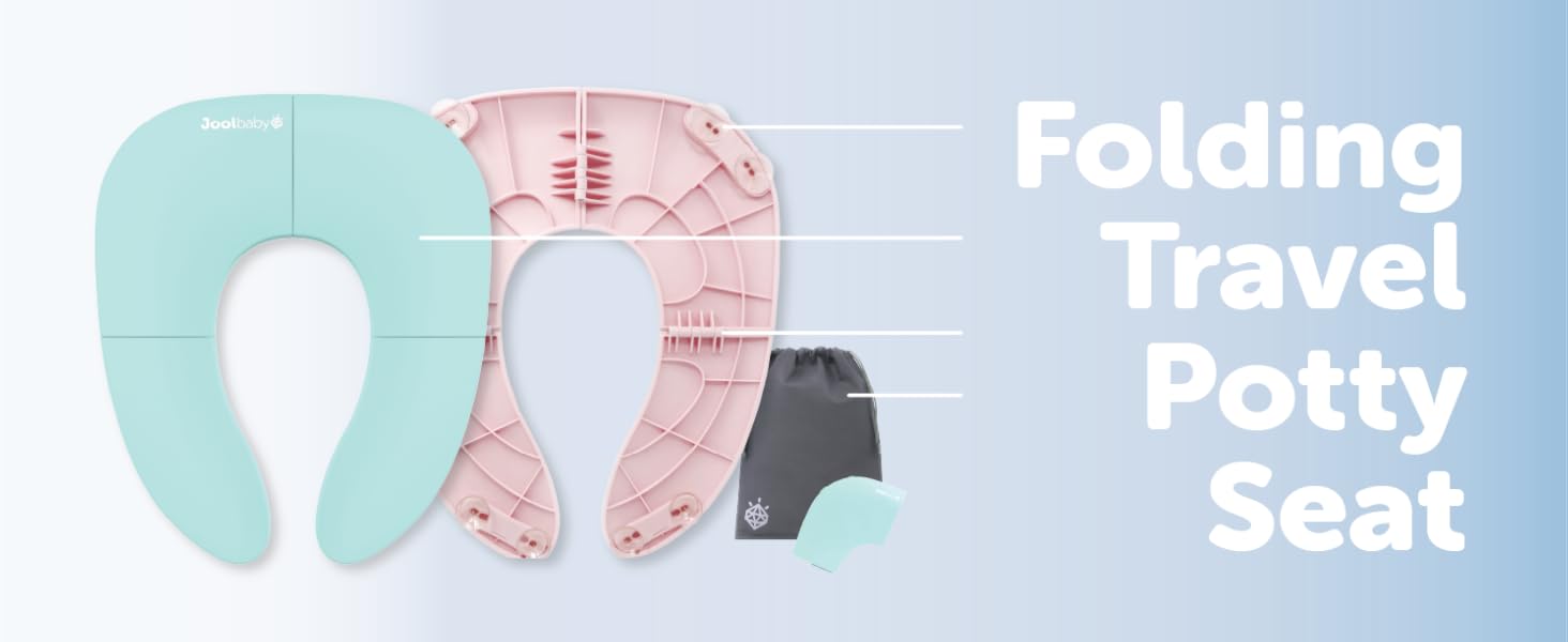 Aqua Foldable potty seat facing forward, Pink Potty seat backwards, to go bag and folded seat