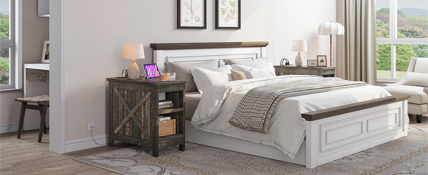 YITAHOME Farmhouse End Table with Charging Station, Narrow