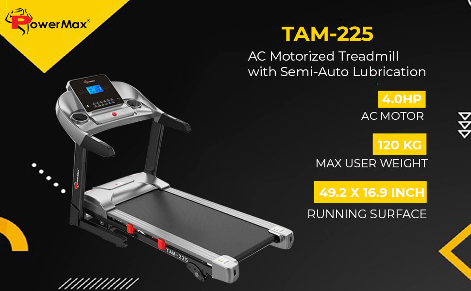 PowerMax Fitness TAM-225 AC Motorized Treadmill with Semi Auto Lubrication for Home Workout