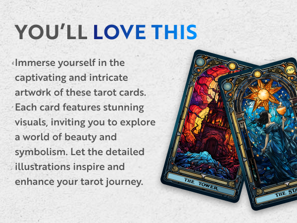 Stained glass tarot cards featuring intricate artwork, inviting exploration of beauty and symbolism