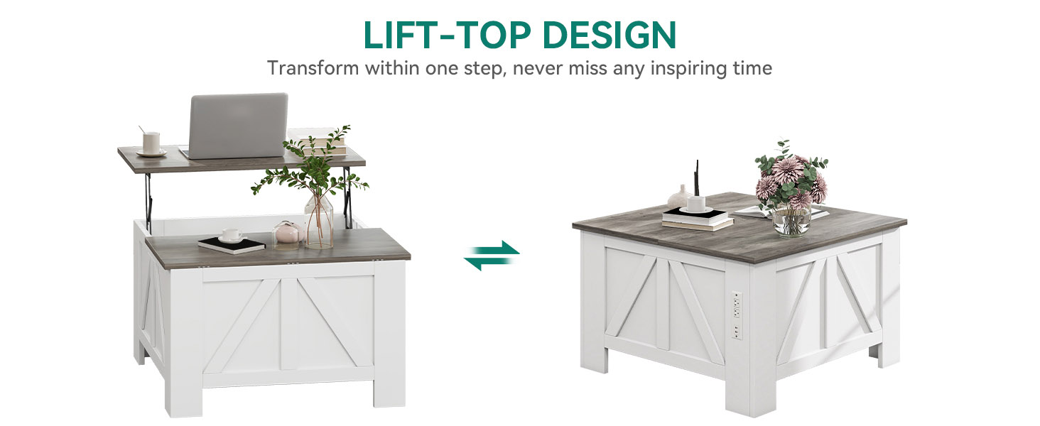 Farmhouse Lift Top Coffee Table with Storage, Wood Square Center Table Hidden Tables for Living Room