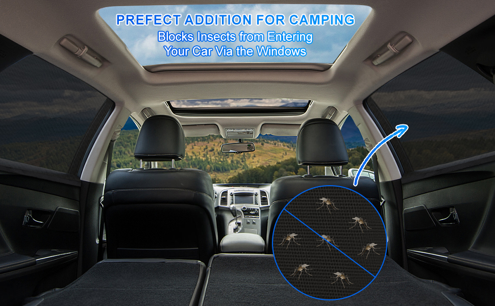 Car interior with sunroof, showing a mesh screen stretched across an open window. Text indicates it's for blocking insects while camping.