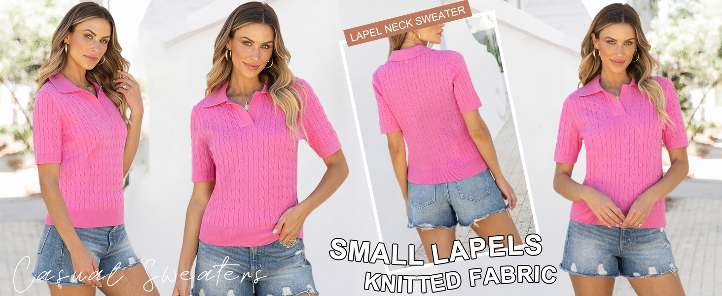 Women's Short Sleeve Sweaters Tops Polo V Neck Cable Knit Casual Soft Pullover Shirts 2025 Summer
